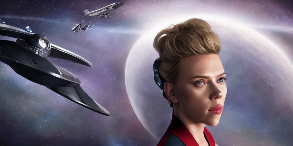 Prompt: Scarlett Johansson as captain of the starship Enterprise in the new Star Trek movie