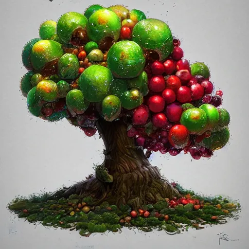 Image similar to tree made of all kinds fruits, by rossdraws, james jean, andrei riabovitchev, marc simonetti, yoshitaka amano, artstation, cgsociety