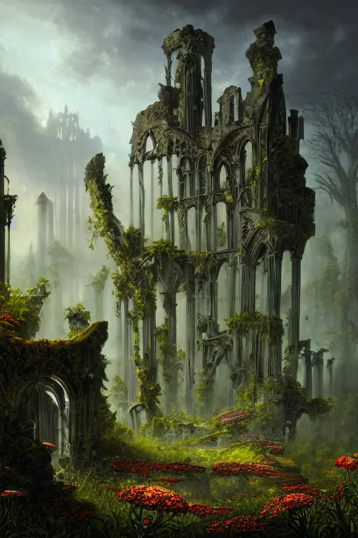 Prompt: a beautiful digital illustration painting of a detailed gothic fantasy ruins and roots, dark mushroom, flowers by benoit b. mandelbrot, steven belledin, martin johnson heade, lee madgwick, caspar david friedrich, and david rios ferreira. 8 k resolution trending on artstation concept art digital illustration