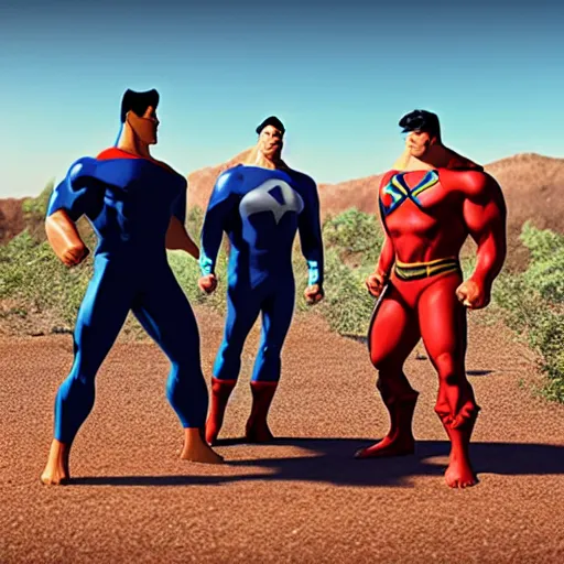 Image similar to supermen and hulk playing soccer together at desert