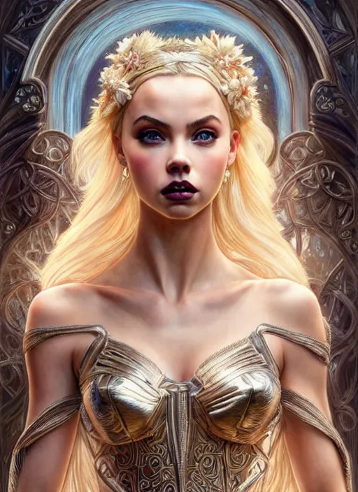 Image similar to ultra realistic illustration, a stunningly beautiful greek gothic goddess of chaos played by jordyn jones and dove cameron and margot robbie and taylor swift and megan fox, adriana lima, intricate, elegant, highly detailed, digital painting, artstation, concept art, smooth, sharp focus, illustration, art by artgerm and greg rutkowski and alphonse mucha