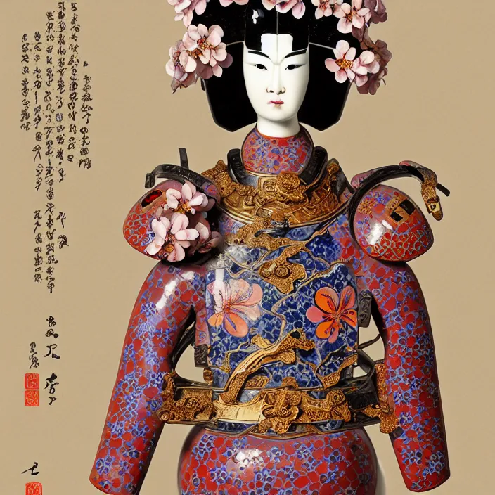 Prompt: ceramic cyborg, Kakiemon design with plums and stylized flowers in glaze and gilding Edo period 1670–1690, armor, diffuse lighting, fantasy, intricate, elegant, highly detailed, lifelike, photorealistic, digital painting, artstation, illustration, concept art, smooth, sharp focus, art by John Collier and Albert Aublet and Krenz Cushart and Artem Demura and Alphonse Mucha
