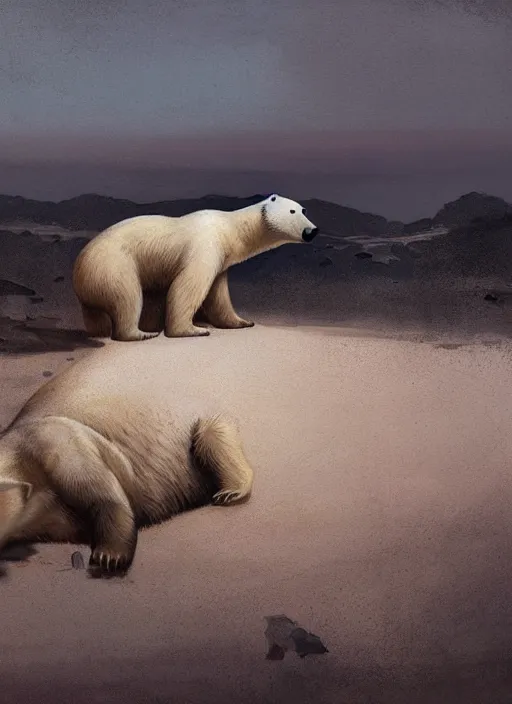 Image similar to polar bear dying on a desert, by greg rutkowski, trending on artstation, masterpiece