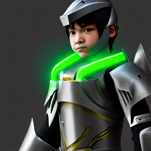 Prompt: a young boy with the appearance and armor of genji from overwatch, design, octane render, 4 k, ingame shot