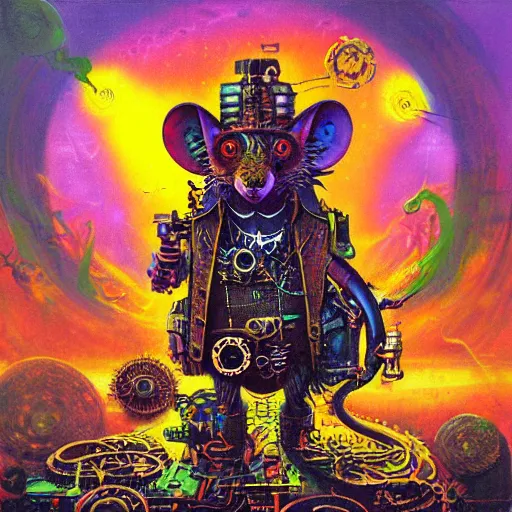 Image similar to steampunk rat, acid, 303, psychedelic, by paul lehr, cd cover for psytrance artist