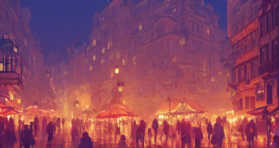 Image similar to prague art nouveau town during the lantern festival, volumetric lighting, glowing lights, 4 k, octane, digital painting, artstation, concept art, sharp focus, illustration, art by makoto shinkai and ilya kuvshinov and alphonse mucha