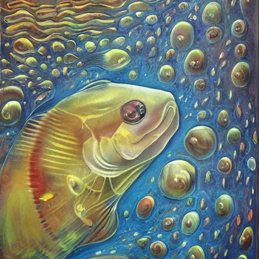 Image similar to weird fishes at the bottom of the earth, surrealist painting, layered texture, shimmering