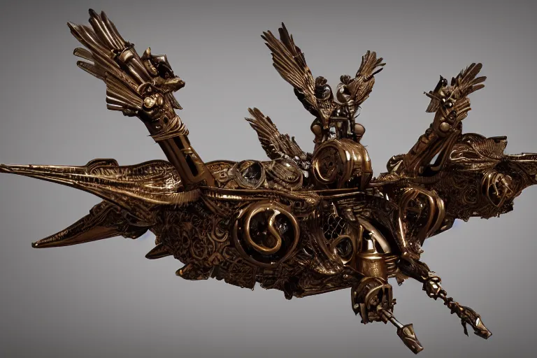 Image similar to Gigantic luxury baroque steampunk birdshaped spaceship made of bone, rendered in unreal engine 5, cryengine, arnold and zbrush, epic lighting