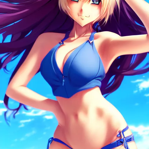 Image similar to a very beautiful young anime giantess, full body, long wavy blond hair, sky blue eyes, full round face, evil grin, bikini, miniskirt, front view, mid - shot, highly detailed, cinematic wallpaper by stanley artgerm lau