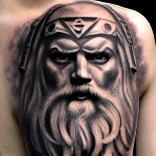 Image similar to amazing zeus tattoo, realistic drawing, hyper - realistic, faded, tattoo design