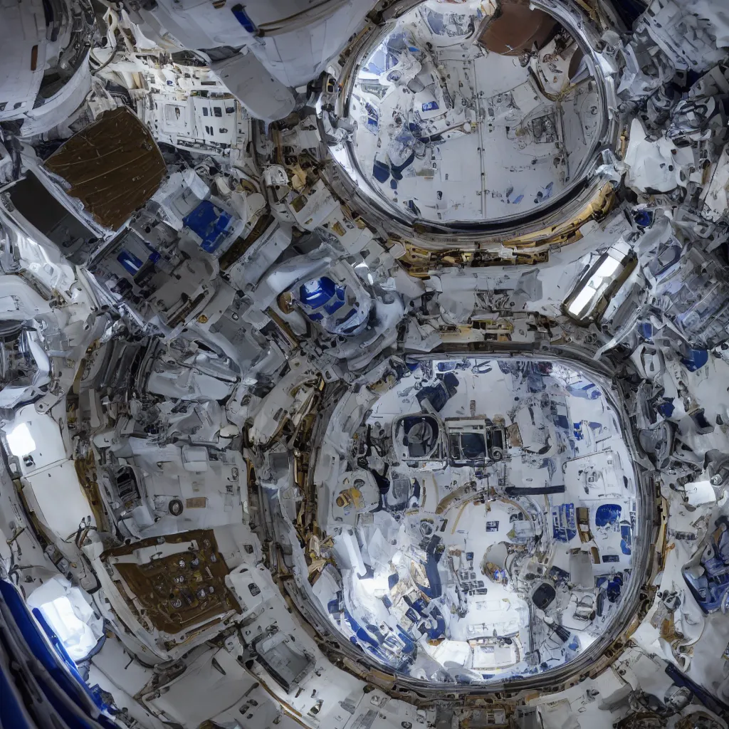 Prompt: Inside the international space station looking out a cupola window to see earth looming in space. 4K.