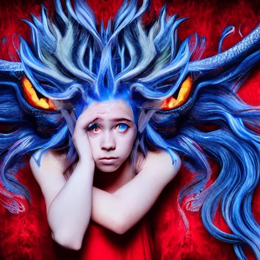 Prompt: portrait of young girl half dragon half human, dragon girl, dragon skin, dragon eyes, dragon crown, blue hair, long hair, made of blue flowing fire, By David Lynch