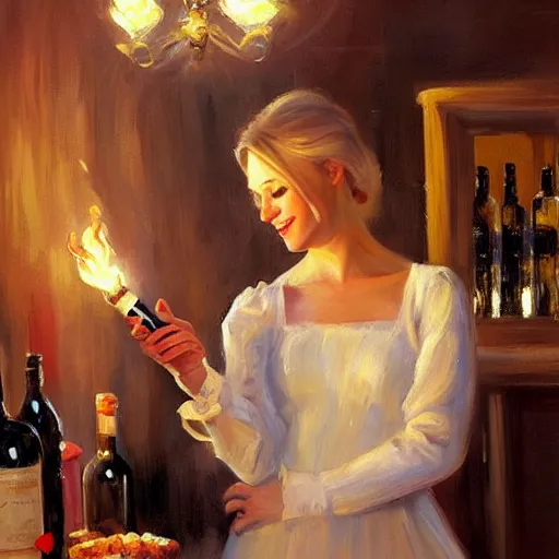 Image similar to pretty blonde beautiful woman in a wine cellar, elegant, red wine, meat, cheese, sausages, torches light the wall, impressionism, painting by Vladimir Volegov