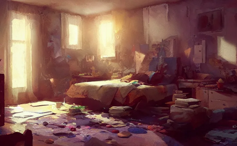 Image similar to a messy bedroom interior, painting by Craig Mullins, octane rendering, soft lighting, wide angle lens, low view, in the style of Pixar animation, trending on artstation,