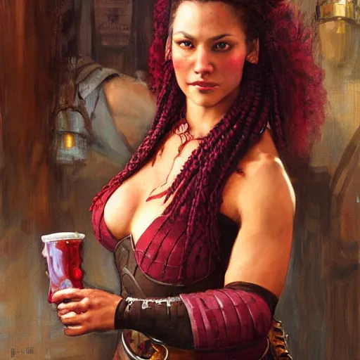 Prompt: a medieval bartender woman with polynesian ethnicity and a smirk, burgundy color scheme, large mohawk braid, fantasy character portrait by gaston bussiere craig mullins