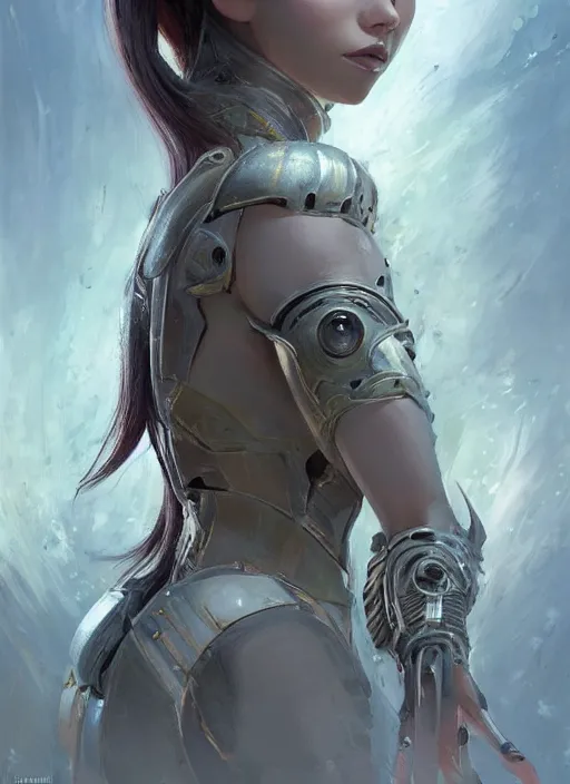 Image similar to a professional painting of a beautiful young female alien, clothed in ethereal armor, olive skin, long dark hair, beautiful bone structure, symmetrical facial features, intricate, elegant, digital painting, concept art, smooth, sharp focus, illustration, from Valerian and the City of a Thousand Planets, by Ruan Jia and Mandy Jurgens and Artgerm and William-Adolphe Bouguerea