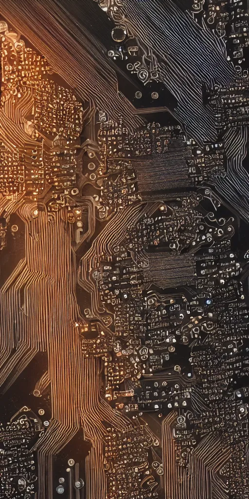 Image similar to densely detailed black and copper computer circuits, transistors, led, wire, macro photography, translucent pastel panels, smooth stylised shapes, embedded in clear epoxy, macro, overlaping layers, hyperrealistic vfx render