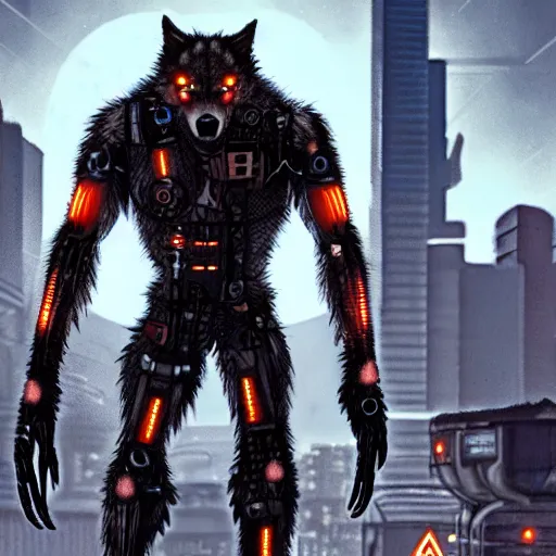 Image similar to werewolf cyborg in cyberpunk city