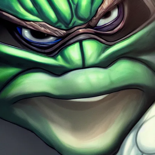 Prompt: a study of cell shaded portrait very close up face of ninja turtle looking at camera as concept art, llustration, concept art by Farley , highly detailed, sharp focus, Trending on Artstation, HQ, deviantart