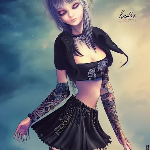 Image similar to kerli koiv animel goth girl in mini skirt and crop top intricate, extremely detailed, artstation, 8 k, sensual lighting, incredible art, wlop, artgerm
