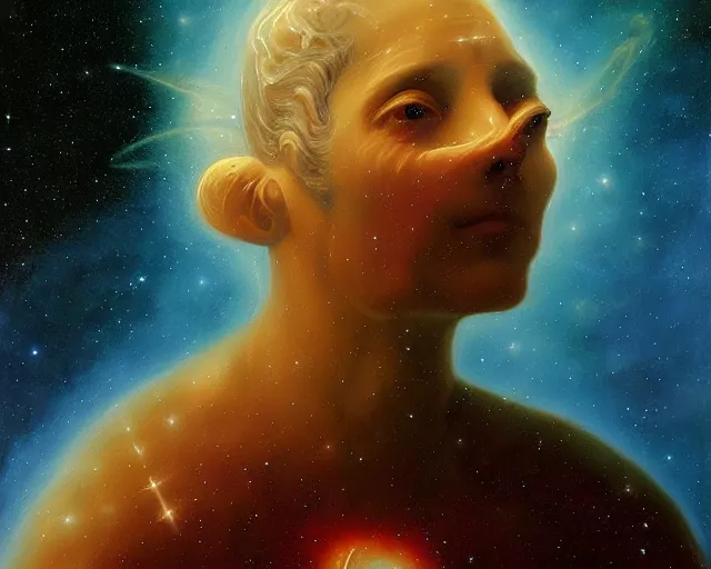 Image similar to cosmic person nebula, an oil painting, by ( leonardo da vinci ) and greg rutkowski and rafal olbinski ross tran airbrush time magazine