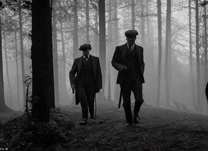 Image similar to an dramatic scene from peaky blinders, medium long shot, filmed in the dark woods, a cabin in the background, leonardo dicaprio and daniel day - lewis, faces covered in shadows, detailed and symmetric faces, black and white, cinematic, epic,