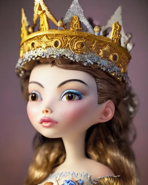 Image similar to closeup face profile portrait of a tin toy fairytale princess wearing a crown eating cakes, bikini, depth of field, zeiss lens, fashion photoshoot by nicoletta ceccoli, mark ryden, lostfish, breathtaking, detailed and intricate environment, 8 k resolution, extremely detailed, beautiful, establishing shot, artistic, hyperrealistic, octane render