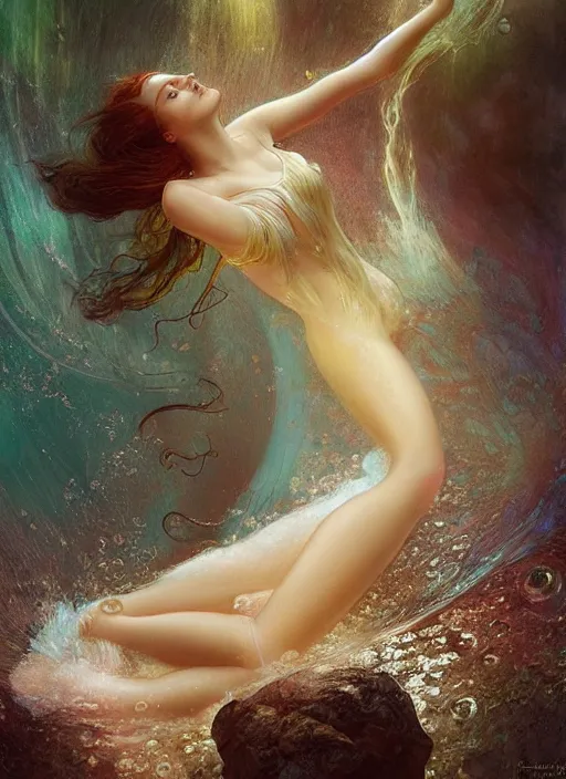 Prompt: hyper realist matte digital painting of a beautiful woman, floating in water, bubbles rising, fantasy art, photo realistic, dynamic lighting, artstation, volumetric lighting, by mucha, by charlie bowater, by karol bak, by alma tadema