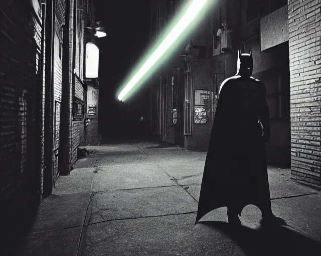 Prompt: a high definition photograph of Batman holding a lightsaber in a dark New York City alleyway at nighttime, high contrast shadows