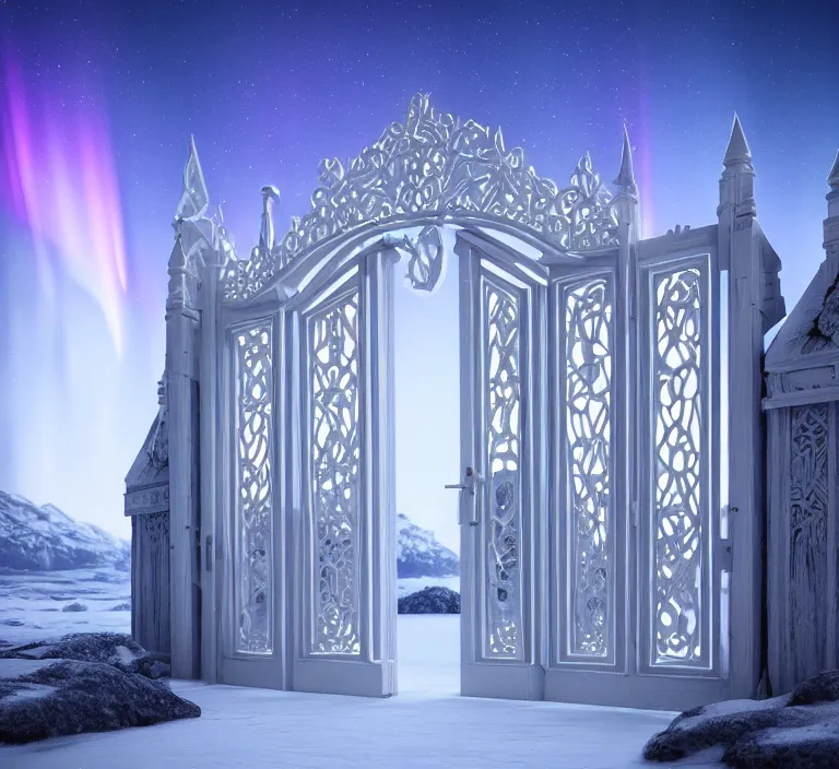 Prompt: a very detailed concept art of intricate and well designed white gates to aurora borealis infused with magic by wes anderson, dynamic lighting trending on artstation, symmetry, digital art, 4 k, hyper realistic, octane render, sharp focus