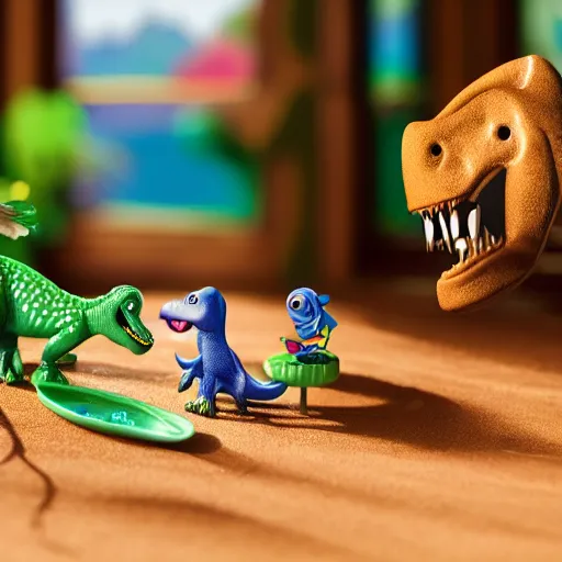 Image similar to dinosaur themed polly pocket playset, sat on a wooden study desk in front of a window, god rays, dust particles, photorealistic, aesthetic shot, worms eye view, macro camera lens, high definition, thematic, cinematic, lens flare