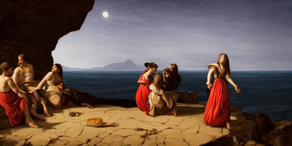 Prompt: beautiful oil matte portrait painting, people watching the stars at night on a portuguese cliff beach, wonderful masterpiece highly detailed, beautiful cinematic light deep focus, elegant, digital painting, smooth, sharp focus, golden ratio, dramatic illumination, ultra realistic, 8 k, art by artemisia lomi gentileschi and caravaggio