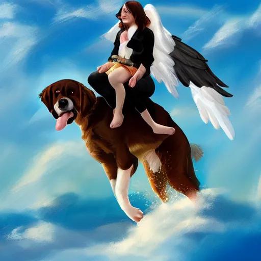 Image similar to an angel riding a giant Bernese mountain dog in heaven, trending on artstation