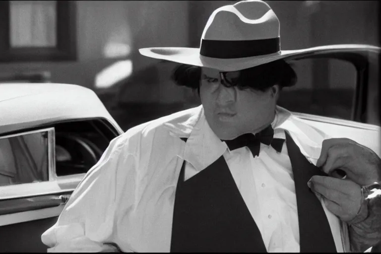 Image similar to cinematic still of portly clean-shaven white man wearing suit and necktie and boater hat as car salesman in 1994 film, XF IQ4, f/1.4, ISO 200, 1/160s, 8K, RAW, dramatic lighting, symmetrical balance, in-frame