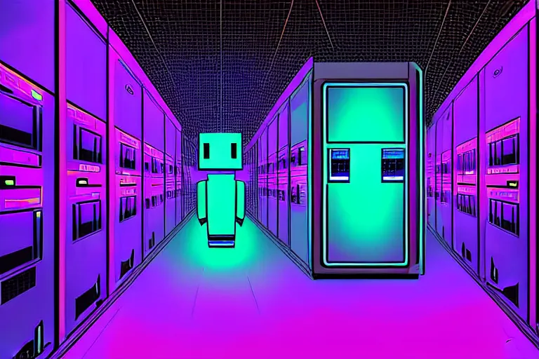 Image similar to realistic robot in a data server room, neon and dark, purple and blue color scheme, by dan mumford and malevich