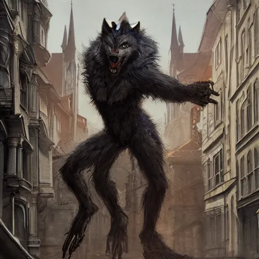 Image similar to werewolf in the city lviv church of st. elizabeth, portrait, highly detailed, full body, digital painting, trending on artstation, concept art, sharp focus, illustration, art by artgerm and greg rutkowski and magali villeneuve