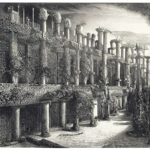 Image similar to the hanging gardens of babylon, gustave dore lithography