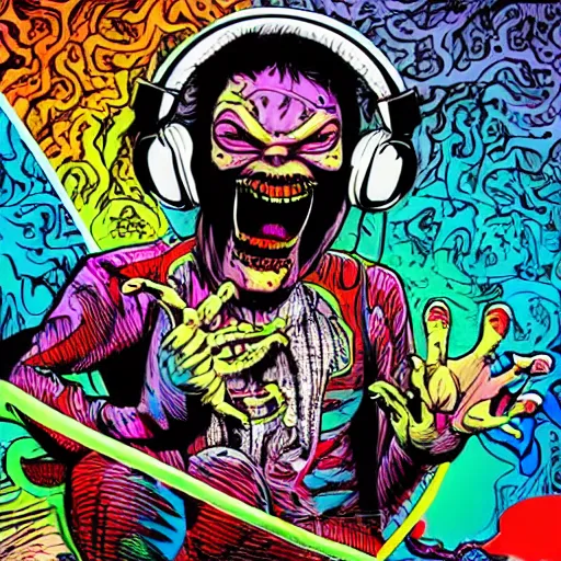 Image similar to todd mcfarlane art, artgerm, psychedelic laughing demon, rocking out, headphones dj rave, digital artwork, r. crumb, svg vector