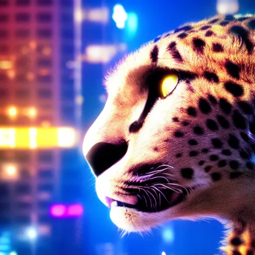 Prompt: closeup profile shot of a neon cheetah, city lights, strong bokeh, dramatic, cinematic, high contrast, octane render, cgsociety, artstation, 4k