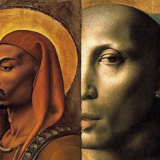 Image similar to A Renaissance portrait painting of Tupac Shakur by Giovanni Bellini and Leonardo da Vinci. Tupac