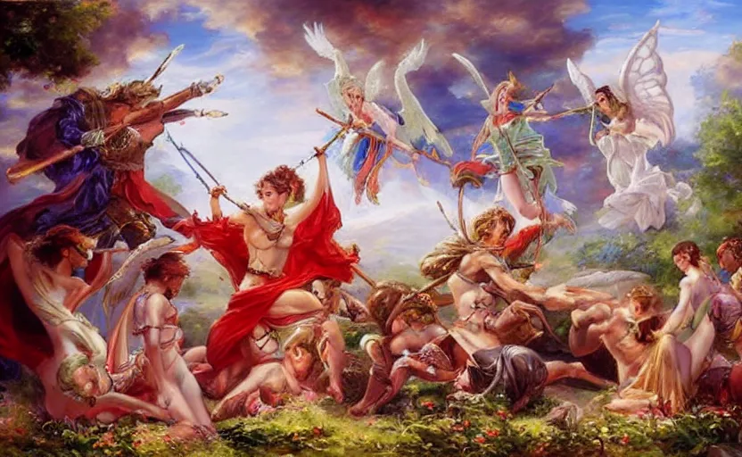 Image similar to The epic battle of elves and angels on the ancient ruins. By Konstantin Razumov, highly detailded