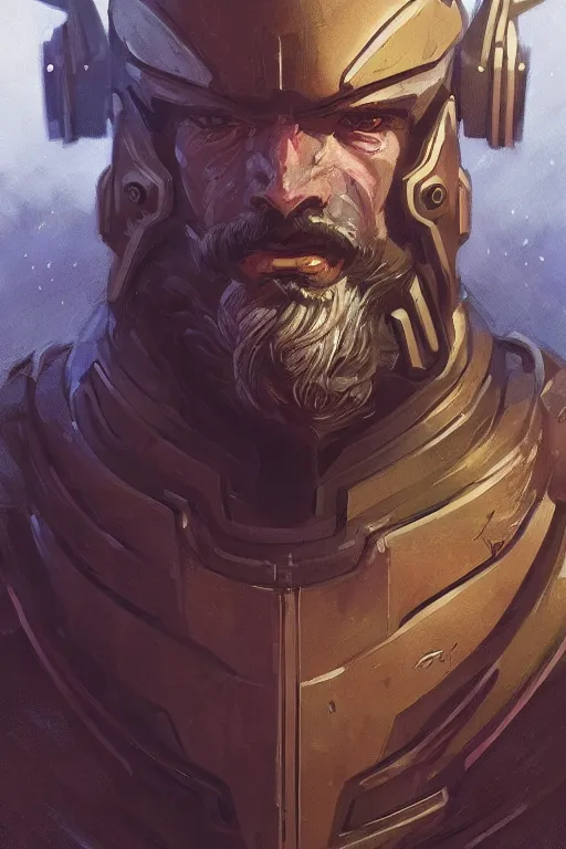 Image similar to Portrait of John Brown with a beard wearing futuristic power armor, fantasy, intricate, highly detailed, digital painting, trending on artstation, sharp focus, illustration, style of Stanley Artgerm and Greg Rutkowski and Dan Mumford