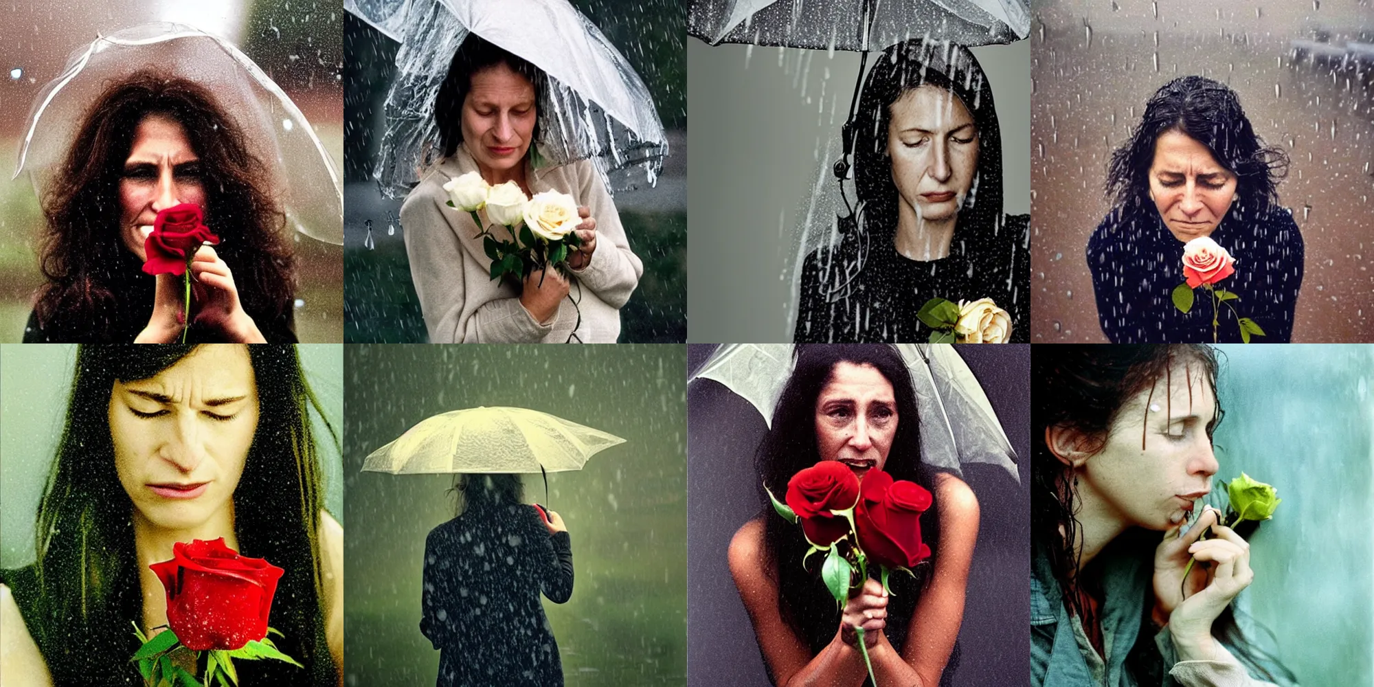 Prompt: a photo of a teary - eyed woman clutching a rose in the rain!!!!!!!!!!, photorealistic!!!!!, photo by annie leibovitz