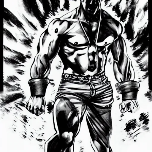 Image similar to Black and white drawing of Vin Diesel walking like a Italian model in JoJo\'s Bizzare Adventure style, highly detailed, sharp focus, 1990 manga panel, anime, ArtStation, art by Hirohiko Araki