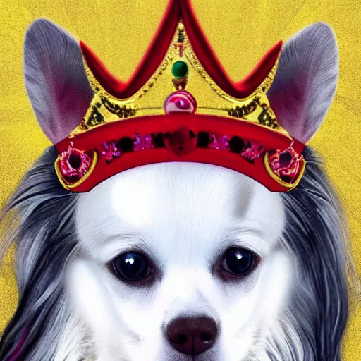 Image similar to long hair white chihuahua king wearing a red and gold crown cinematic composition, digital art, cute