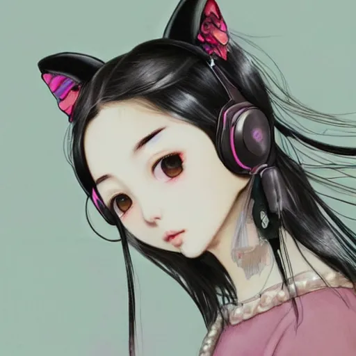Prompt: realistic beautiful gorgeous natural cute Blackpink Lalisa Manoban black hair fur black cat ears, wearing white camisole summer outfit, headphones, black leather choker, tonemapping artwork drawn full HD 4K highest quality in artstyle by professional artists WLOP, Ayami Kojima, Aztodio, Alphonse Mucha, Taejune Kim, Guweiz on Pixiv Instagram Artstation