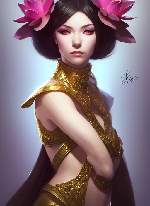 Image similar to female magician, wide angle view, lotus, flowers, gold, diamonds, highly detailed, artgerm, cushart krenz, artstation, soft light, sharp focus, illustration, character design, concept art