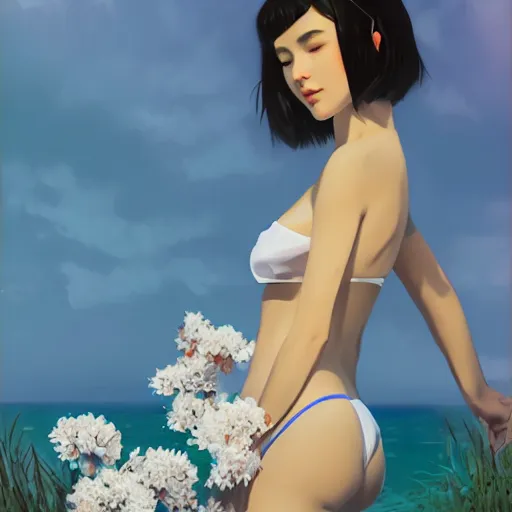 Image similar to girl wearing an bikini made of white flowers, art made by ilya kuvshinov,