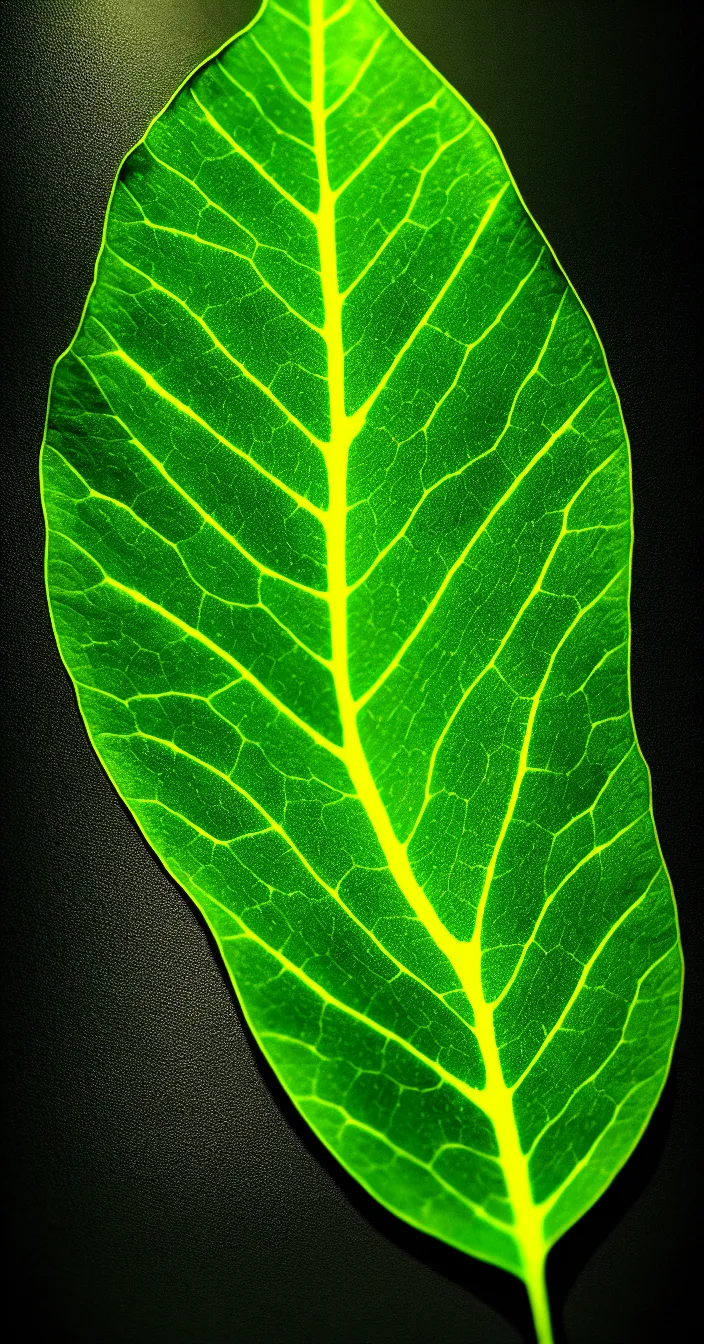 Prompt: realistic photo of texture of a one big glowing leaf, very dark background, full leaf is visible, very sharp focus, in the style of greg rutswoski, very hyper realistic, highly detailed, fantasy art station