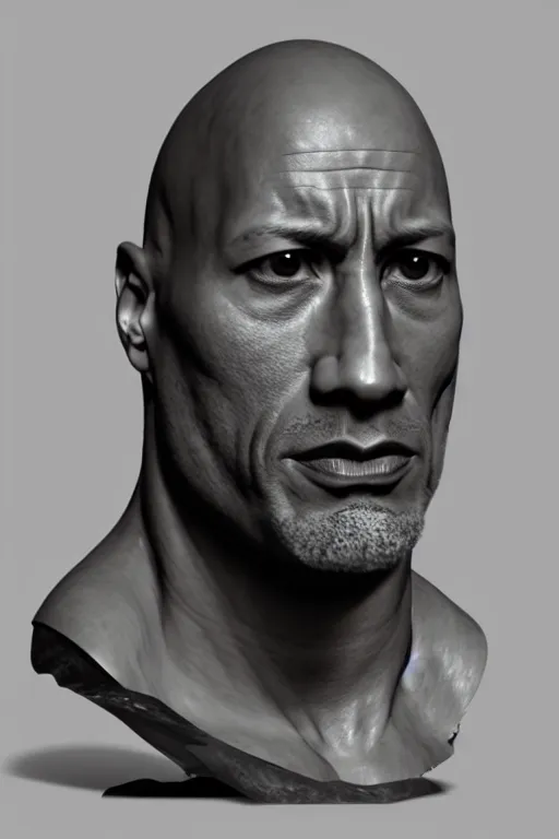 Image similar to (Dwayne Johnson carved anthracite portrait) sculpture by Rodin, ethereal, cinematic, weta workshop, ray trace, Zbrush, 3d sculpture, glow, cinematic, low light, photorealistic, volumetric, realistic, octane render, golden ratio, law of thirds, studio lighting, rim light, photo-bash, 8k post-production, hyperrealism, 80mm lens